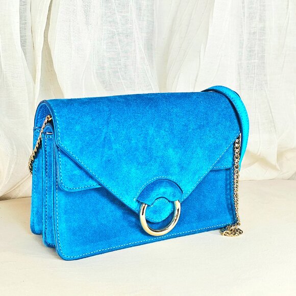 Banana Republic Handbags - Banana Republic Blue Suede Crossbody Clutch – Gold Ring Closure – NWT